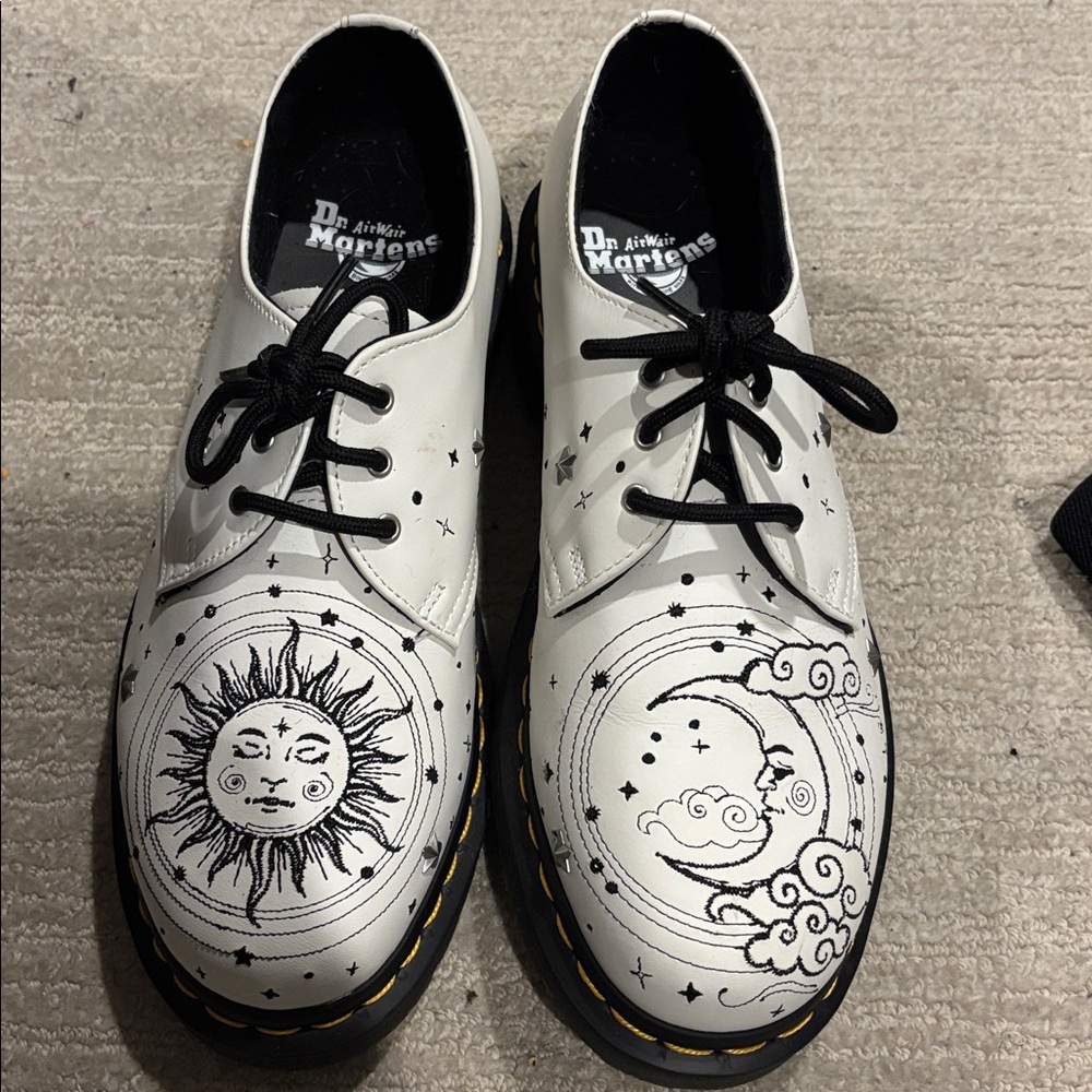 Dr. Martens White Shoes with Black Sun and Cloud Design